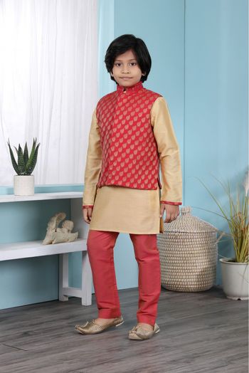 Cotton Silk Kurta Pajama With Jacket In Gold And Red Colour - BK2710920