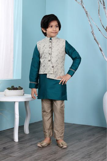 Cotton Silk Kurta Pajama With Jacket In Green And Beige Colour - BK2710940