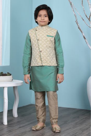 Cotton Silk Kurta Pajama With Jacket In Green And Beige Colour - BK2710942