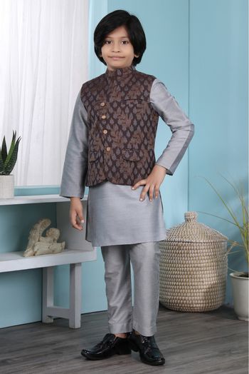 Cotton Silk Kurta Pajama With Jacket In Grey And Brown Colour - BK2710932