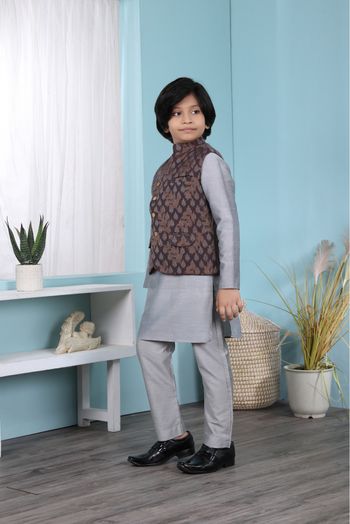 Cotton Silk Kurta Pajama With Jacket In Grey And Brown Colour - BK2710932