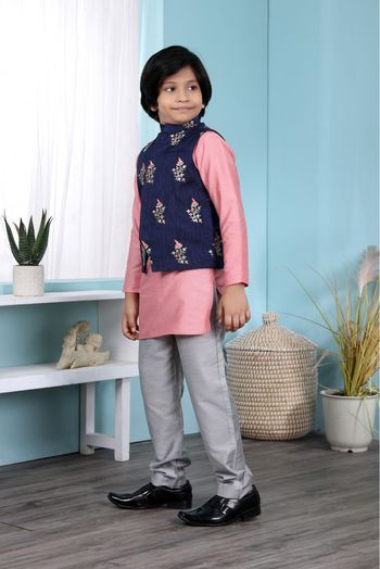 Cotton Silk Kurta Pajama With Jacket In Light Pink And Blue Colour - BK2710930