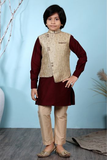 Cotton Silk Kurta Pajama With Jacket In Maroon And Beige Colour - BK2710918