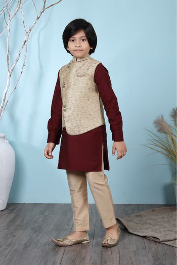 Cotton Silk Kurta Pajama With Jacket In Maroon And Beige Colour - BK2710918