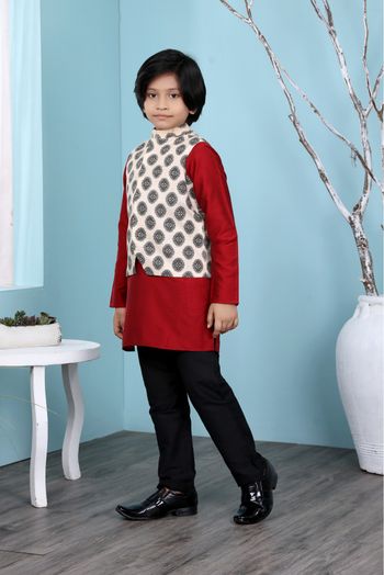 Cotton Silk Kurta Pajama With Jacket In Maroon And Beige Colour - BK2710933