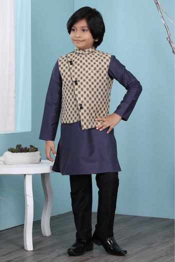 Cotton Silk Kurta Pajama With Jacket In Navy Blue And Beige Colour - BK2710936