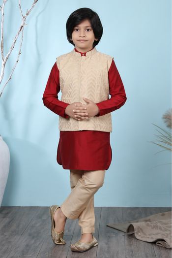 Cotton Silk Kurta Pajama With Jacket In Red And Beige Colour - BK2710927