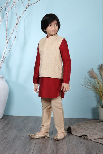 Cotton Silk Kurta Pajama With Jacket In Red And Beige Colour - BK2710927