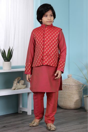 Cotton Silk Kurta Pajama With Jacket In Red Colour - BK2710919