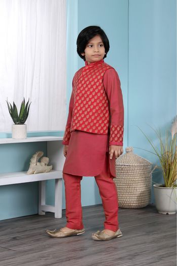 Cotton Silk Kurta Pajama With Jacket In Red Colour - BK2710919