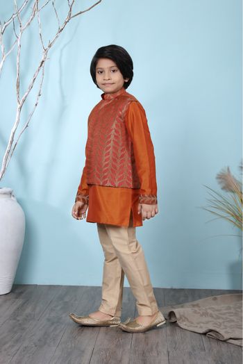 Cotton Silk Kurta Pajama With Jacket In Rust Colour - BK2710922