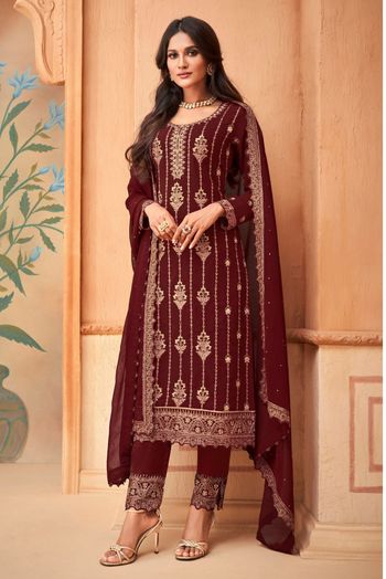 Faux Georgette Embroidery Pant Style Suit In Maroon Colour - SM5410248