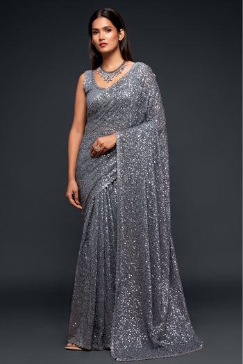 Georgette Embroidery Saree In Grey Colour - SR3820163