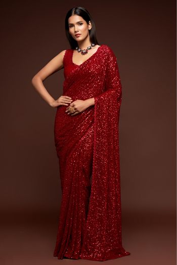 Georgette Embroidery Saree In Red Colour - SR3820166