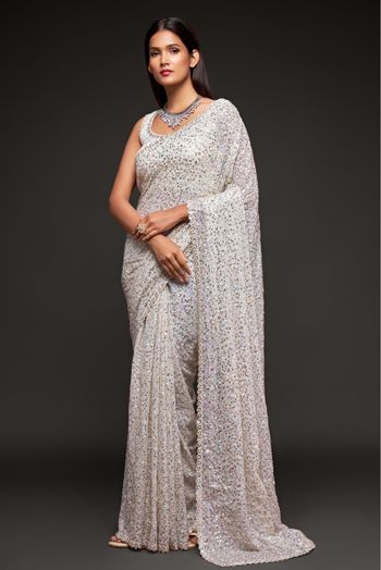 Georgette Embroidery Saree In White Colour - SR3820162