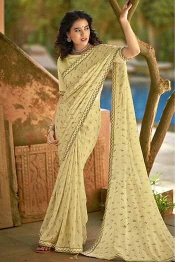 Buy online Cream color Embroidery Silk Linen Saree