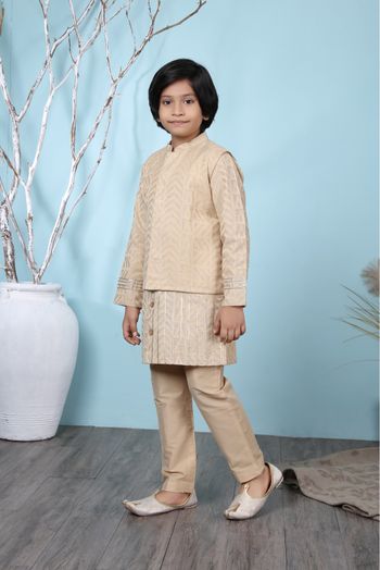 Handloom Silk Kurta Pajama With Jacket In Beige Colour - BK2710926