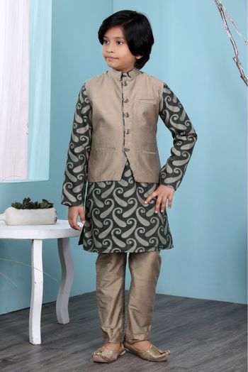 Handloom Silk Kurta Pajama With Jacket In Green And Brown Colour - BK2710937