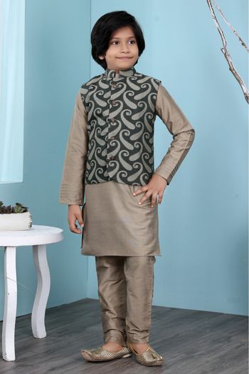Handloom Silk Kurta Pajama With Jacket In Light Brown And Green Colour - BK2710938