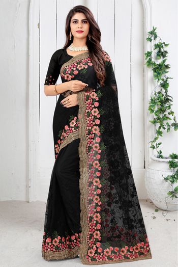 Net Embroidery Saree In Black Colour - SR4690545