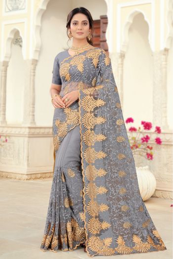 Net Embroidery Saree In Grey Colour - SR4690540