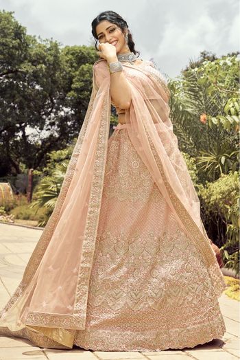 Buy Myra Peach Heavy Embroidered Satin Bridal Lehenga Online at Best Price  | Distacart