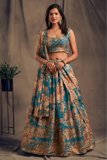 Organza Embroidery Lehenga Choli In Teal Blue Colour