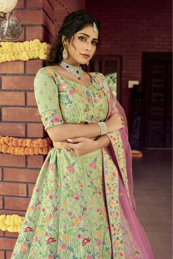 Raw Silk Embroidery Bridal Lehenga Choli In Green Colour - LD4900624