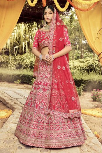 Raw Silk Embroidery Bridal Lehenga Choli In Red Colour - LD4900632