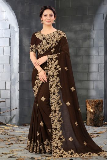 Festive Wear Coffee Color Embellished Work On Brown Party Wear Saree I –  ELEZIO