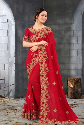 Silk Embroidery Saree In Red Colour - SR1543218