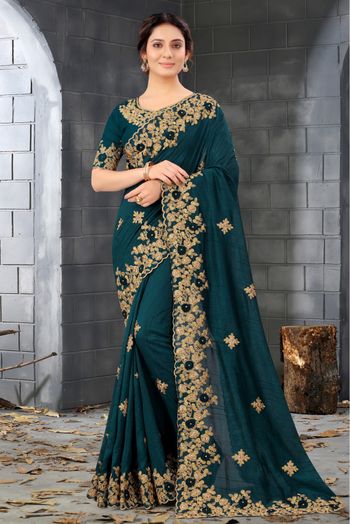 Silk Embroidery Saree In Teal Blue Colour - SR1543221