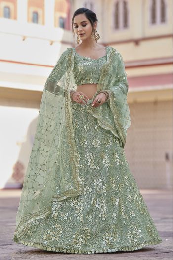 Soft Net Sequins Work Lehenga Choli In Green Colour - LD4900634