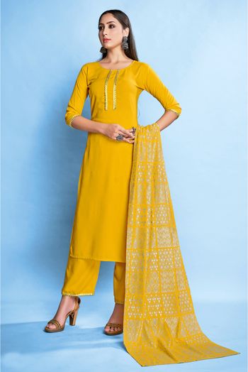 Stitched Rayon Foil Print Palazzo Pant Suit In Yellow Colour - SS5410426