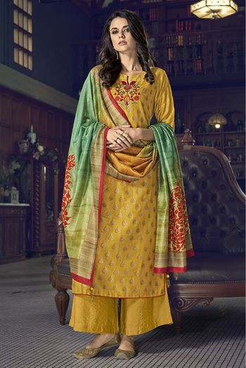 Tussar Silk Embroidery Palazzo Pant Suit In Mustard Colour - SM5410264