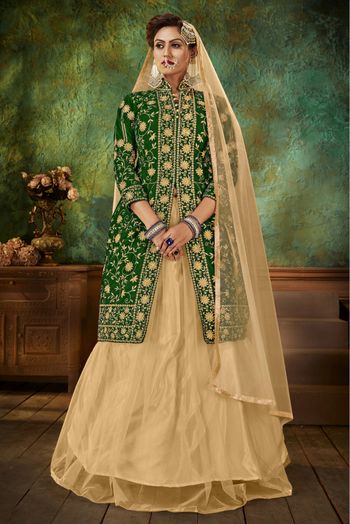 Velvet Embroidery Lehenga Suit In Green Colour SM5410494 A