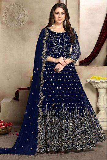 Georgette Embroidery Anarkali Suit In Blue Colour