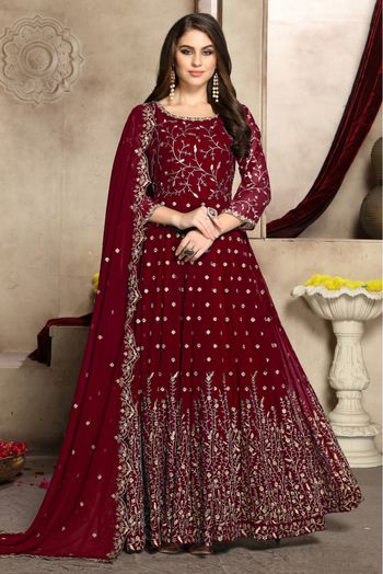 Georgette Embroidery Anarkali Suit In Maroon Colour - SM1640461