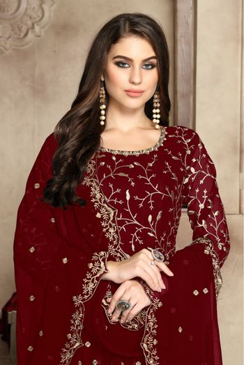 Georgette Embroidery Anarkali Suit In Maroon Colour - SM1640461