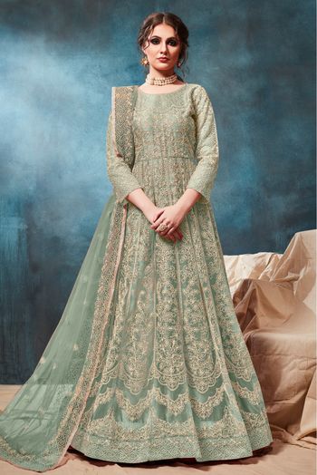 Net Embroidery Anarkali Suit In Pista Green Colour - SM1640468