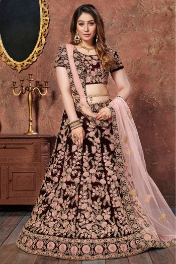 Velvet Embroidery Lehenga Choli In Maroon Colour - LD3820102