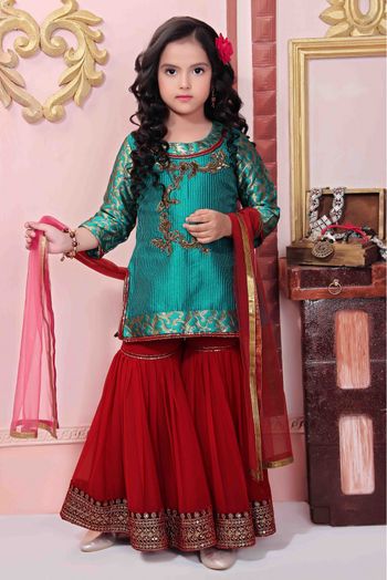 Brocade Party Wear Sharara Suit In Green Colour