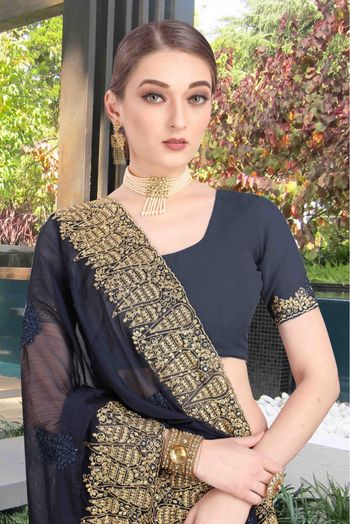 Chiffon Designer Saree In Navy Blue Colour