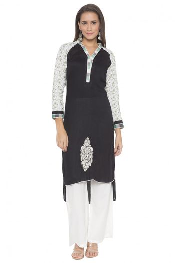 Plus Size Cotton Embroidery Kurta Set In Black Colour - KR2710661