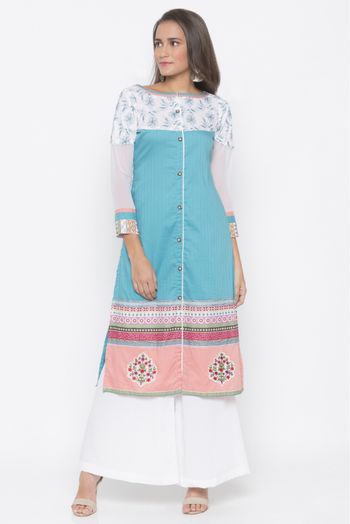 Plus Size Cotton Embroidery Kurta Set In Blue Colour - KR2710671