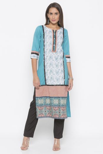 Plus Size Cotton Embroidery Kurta Set In Blue Colour - KR2710682