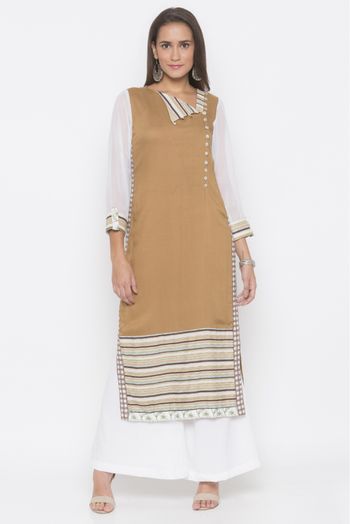 Plus Size Cotton Embroidery Kurta Set In Brown Colour