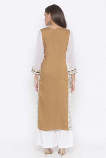 Plus Size Cotton Embroidery Kurta Set In Brown Colour