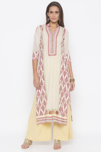 Plus Size Cotton Embroidery Kurta Set In Cream Colour - KR2710685