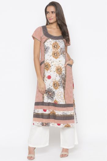 Plus Size Cotton Embroidery Kurta Set In Dull Peach Colour